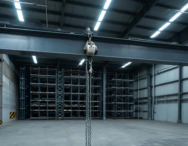 Chain fall hoist hung from a warehouse I-beam during a maintenance lift