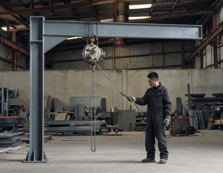 Manual chain fall hoist on a fabrication jib